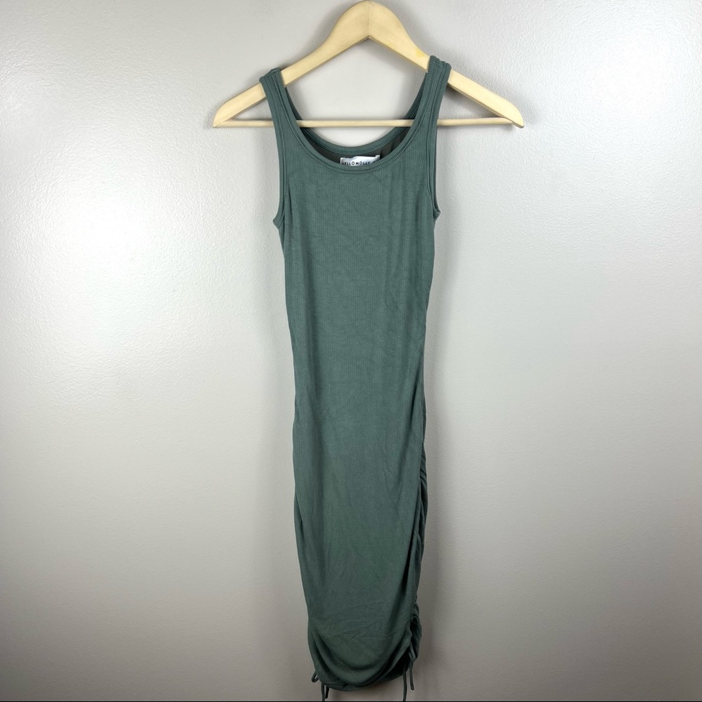 Hello Molly Ruched Bodycon Midi Dress Size XS Green Ribbed Drawstring Sexy